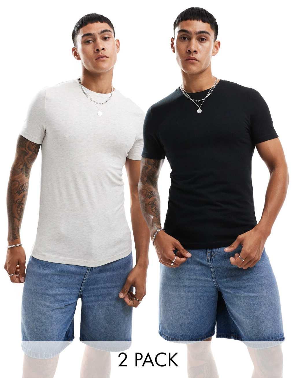 ASOS DESIGN 2 pack muscle fit T-shirts in black and oatmeal heather Product Image