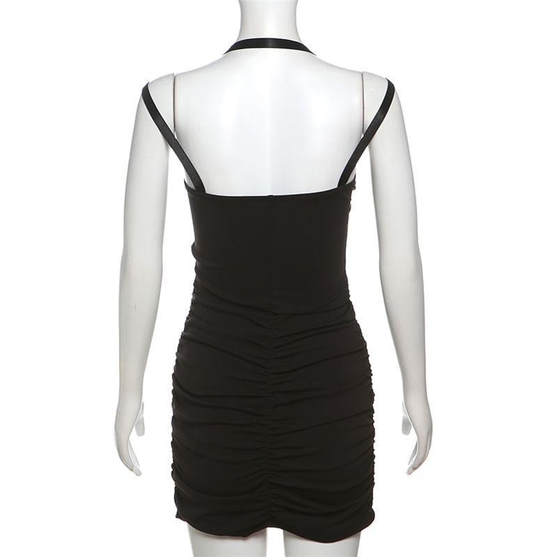 Spaghetti Strap Plain Lace Trim Mini Bodycon Dress Product Image