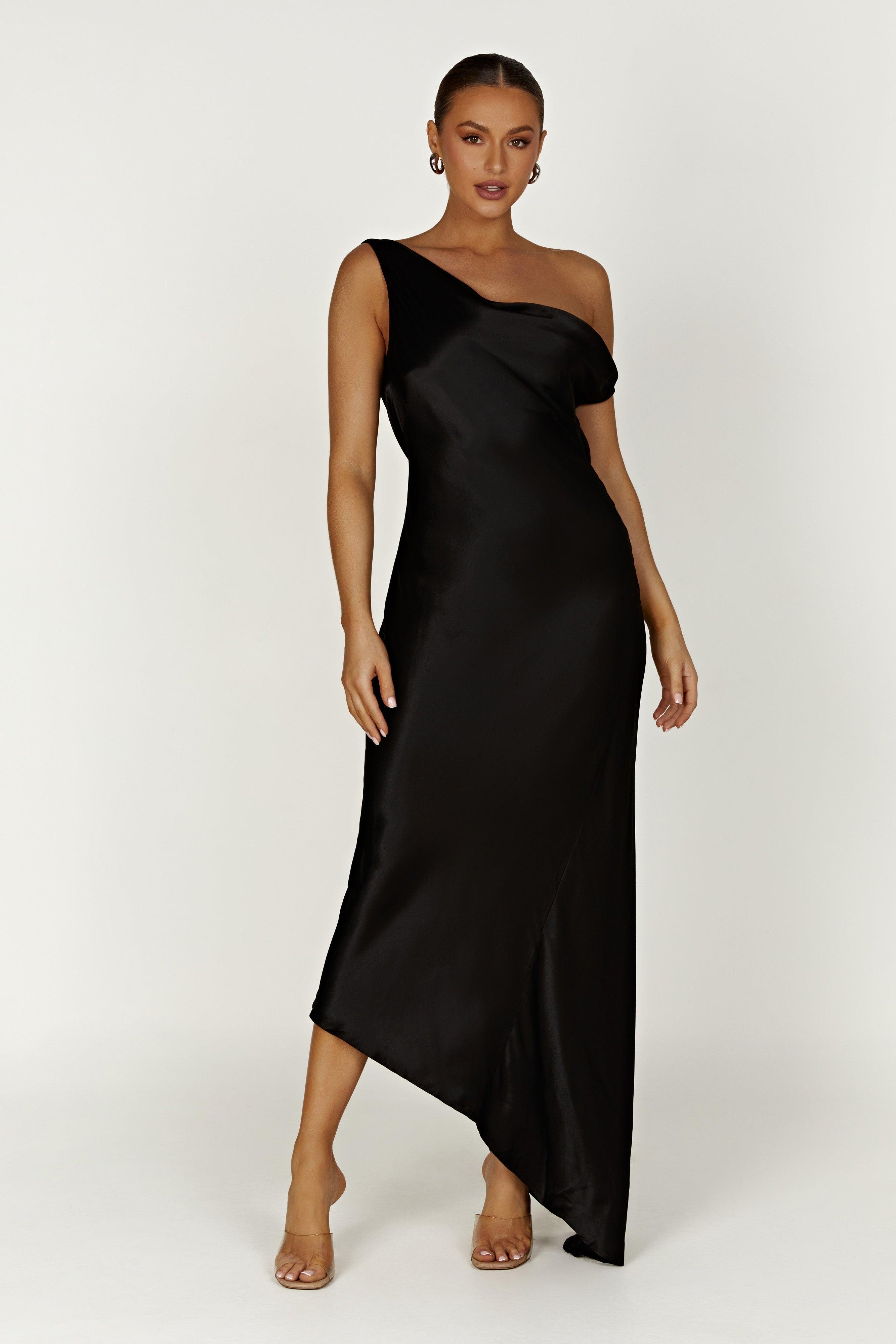 Yvette Slip Maxi Dress With Asymmetrical Hem - Black Product Image