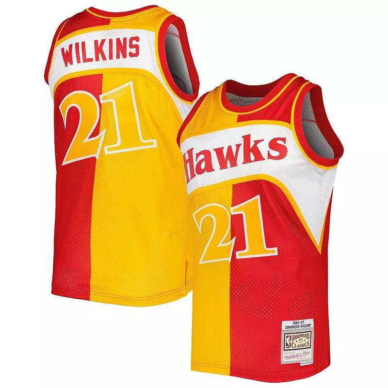 Mens Mitchell & Ness Dominique Wilkins Yellow, Red Atlanta Hawks Hardwood Classics 1986-87 Split Swingman Jersey - Yellow, Red Product Image