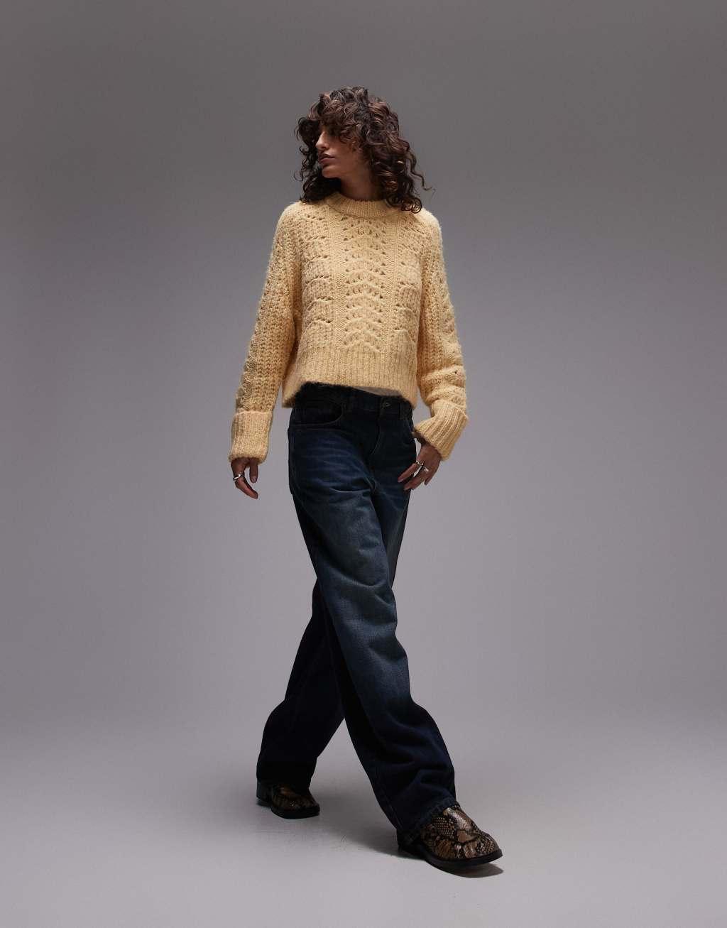 Topshop knitted stitchy crew relaxed sweater in buttermilk Product Image