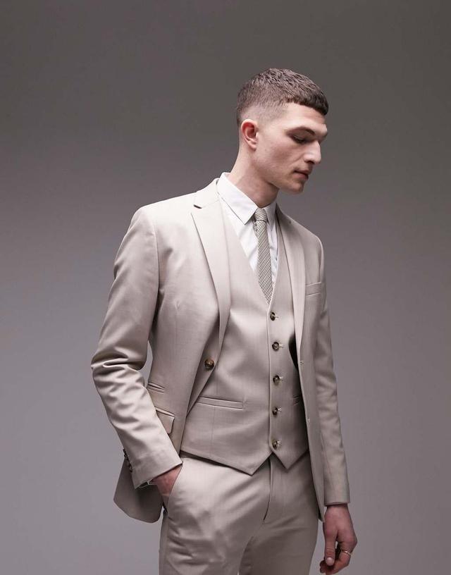 Topman super skinny herringbone texture suit jacket in stone Product Image