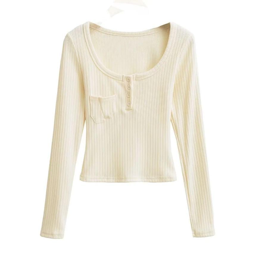 Long Sleeve Scoop Neck Henley Plain Ribbed Cropped Top Product Image