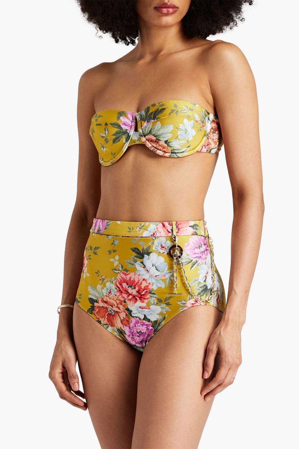 Chain-embellished Floral-print High-rise Bikini Briefs In Mustard Product Image