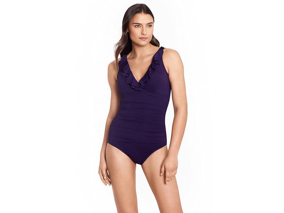 LAUREN Ralph Lauren Beach Club Solid Ruffle Surplice One-Piece (Eggplant) Women's Swimsuits One Piece Product Image