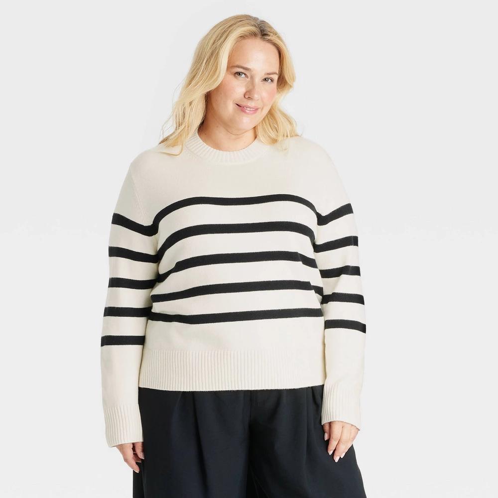 Womens Crewneck Pullover Sweater - A New Day Cream Striped 3X Product Image