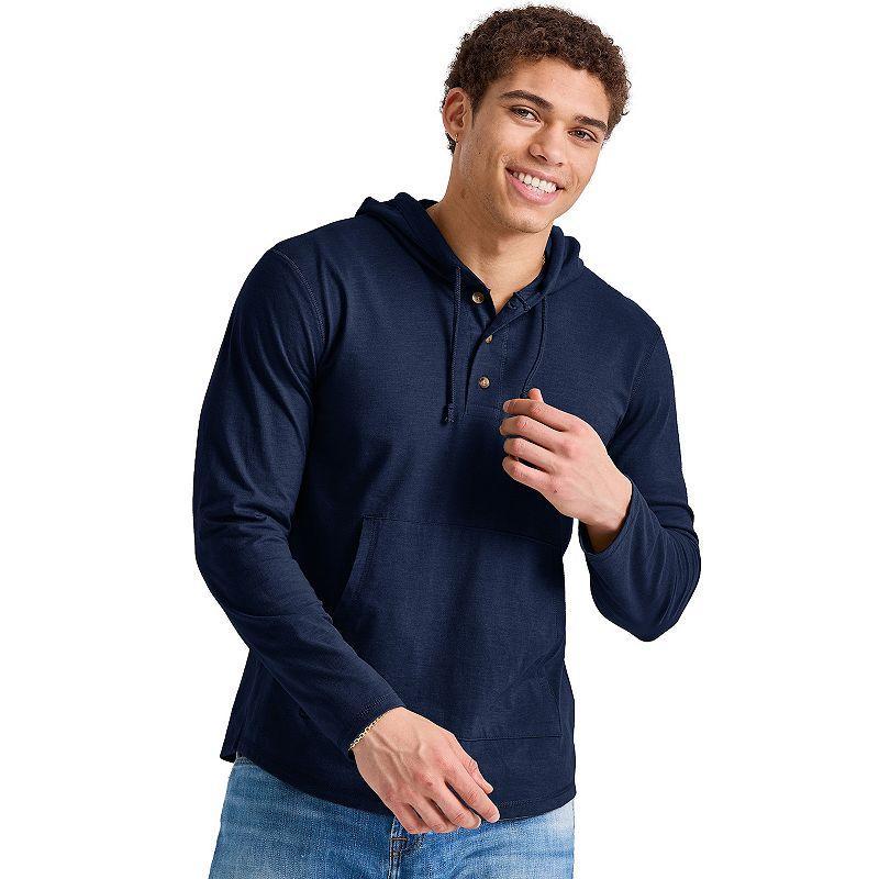 Mens Hanes Originals Cotton Henley Hoodie Blue Product Image