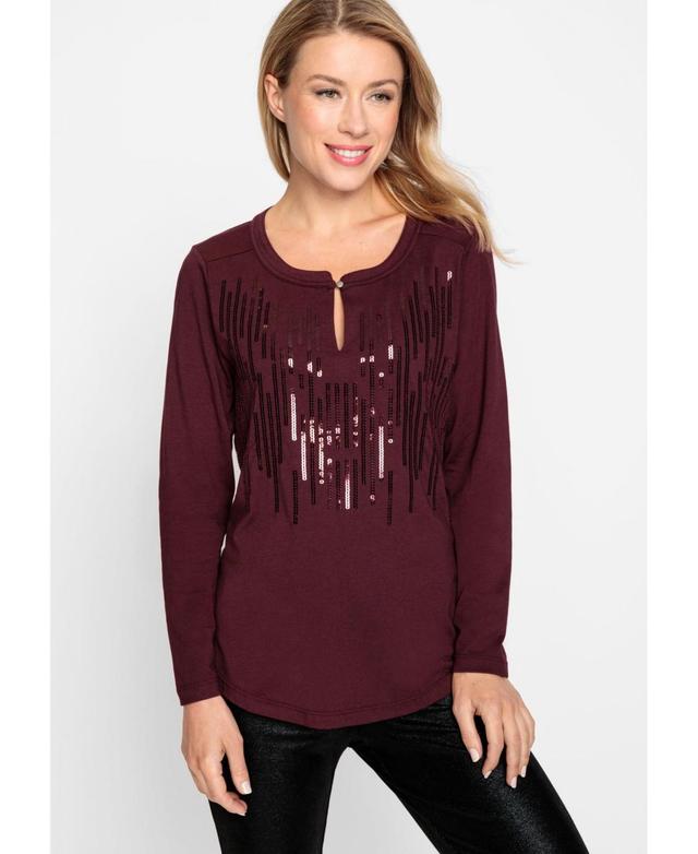 Olsen Womens Cotton Blend Long Sleeve Sequin T-Shirt Product Image