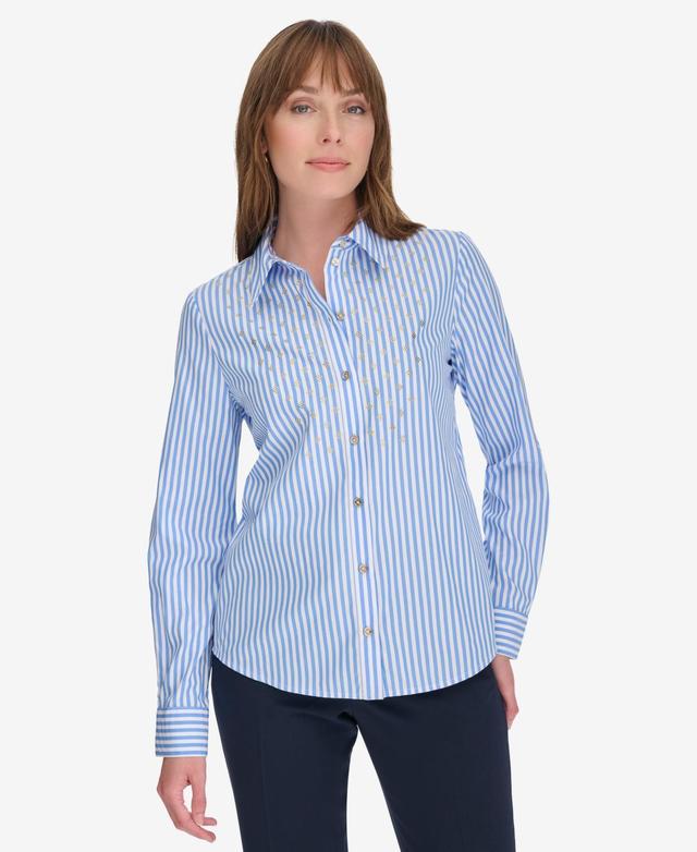 Tommy Hilfiger Womens Cotton Striped Embellished Long-Sleeve Shirt - Frnch Bl Product Image