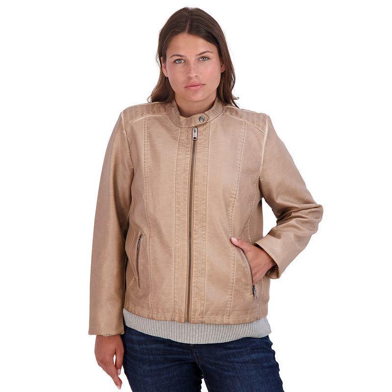 Womens Sebby Collection Faux-Leather Racing Jacket Beige Product Image