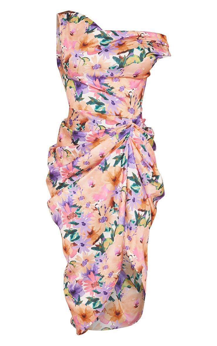 Multi Floral Print Satin Off The Shoulder Draped Skirt Midi Dress Product Image