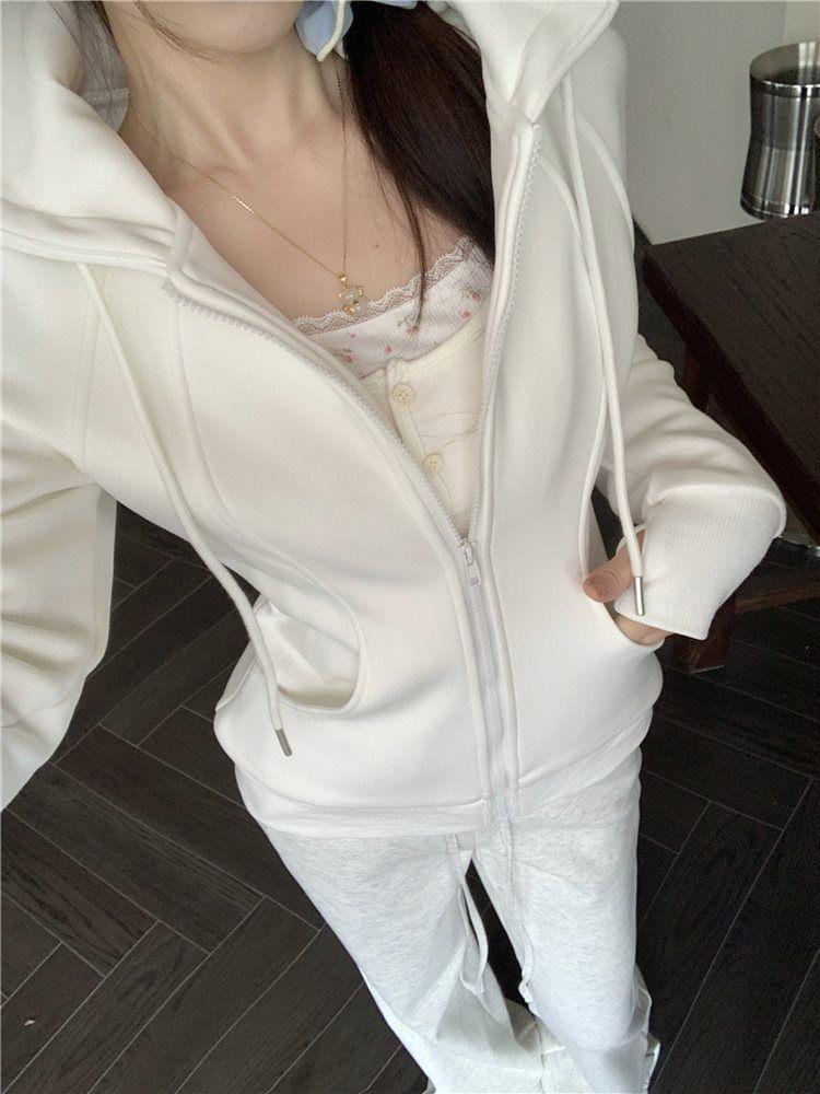 Plain Zip-Up Hoodie / Drawstring Waist Wide Leg Sweatpants Product Image