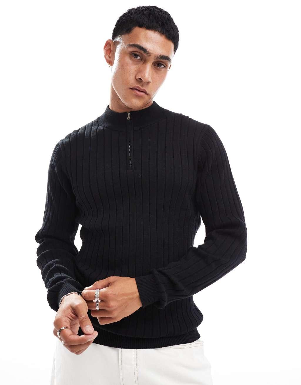 ASOS DESIGN essential muscle fit knitted rib 1/2 zip sweater in black Product Image