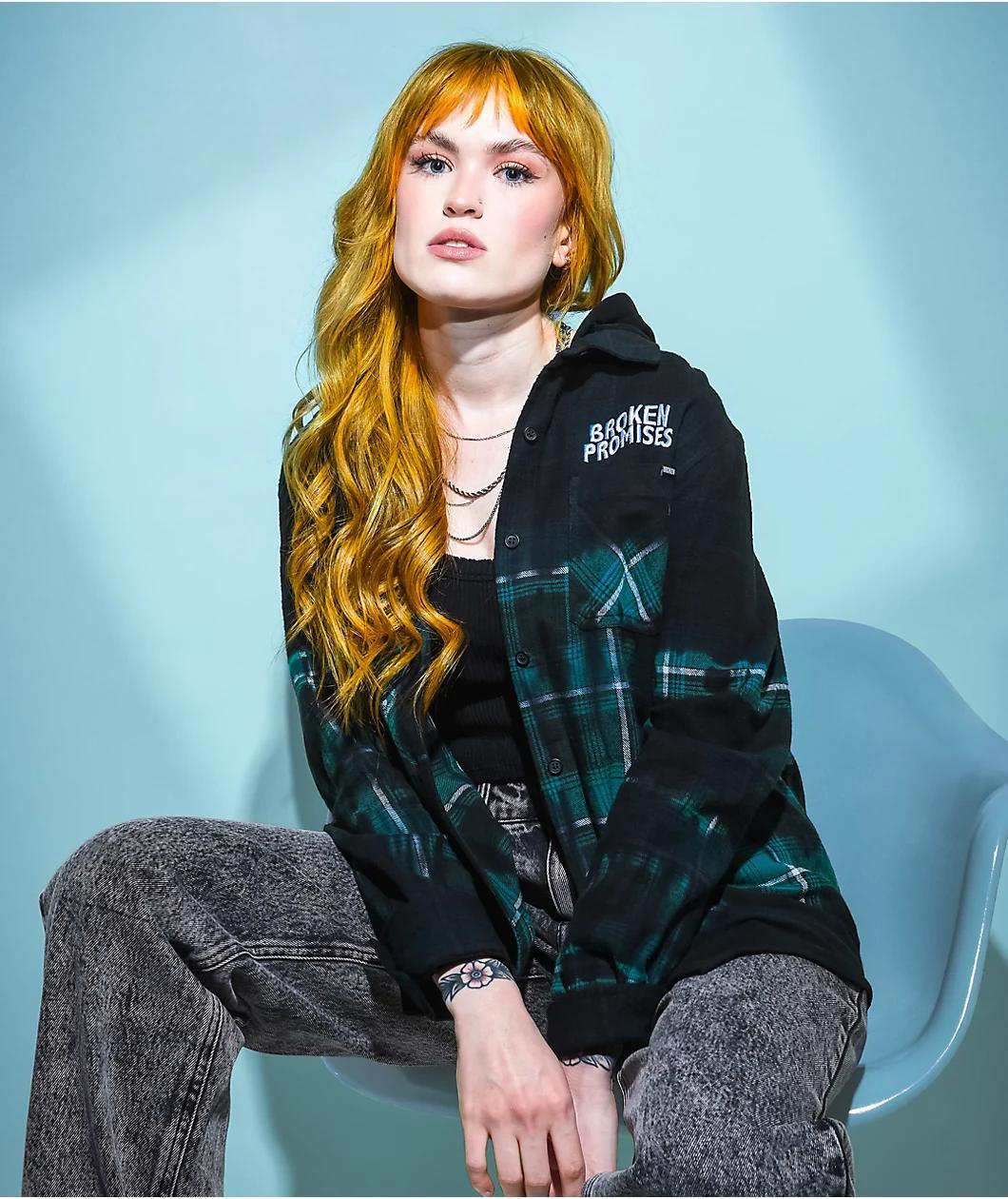 Broken Promises Thomas Overdyed Green Hooded Flannel Shirt Product Image