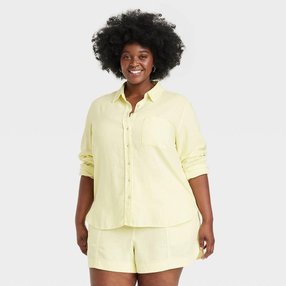 Womens Linen Long Sleeve Collared Button-Down Shirt - Universal Thread Yellow 3X Product Image