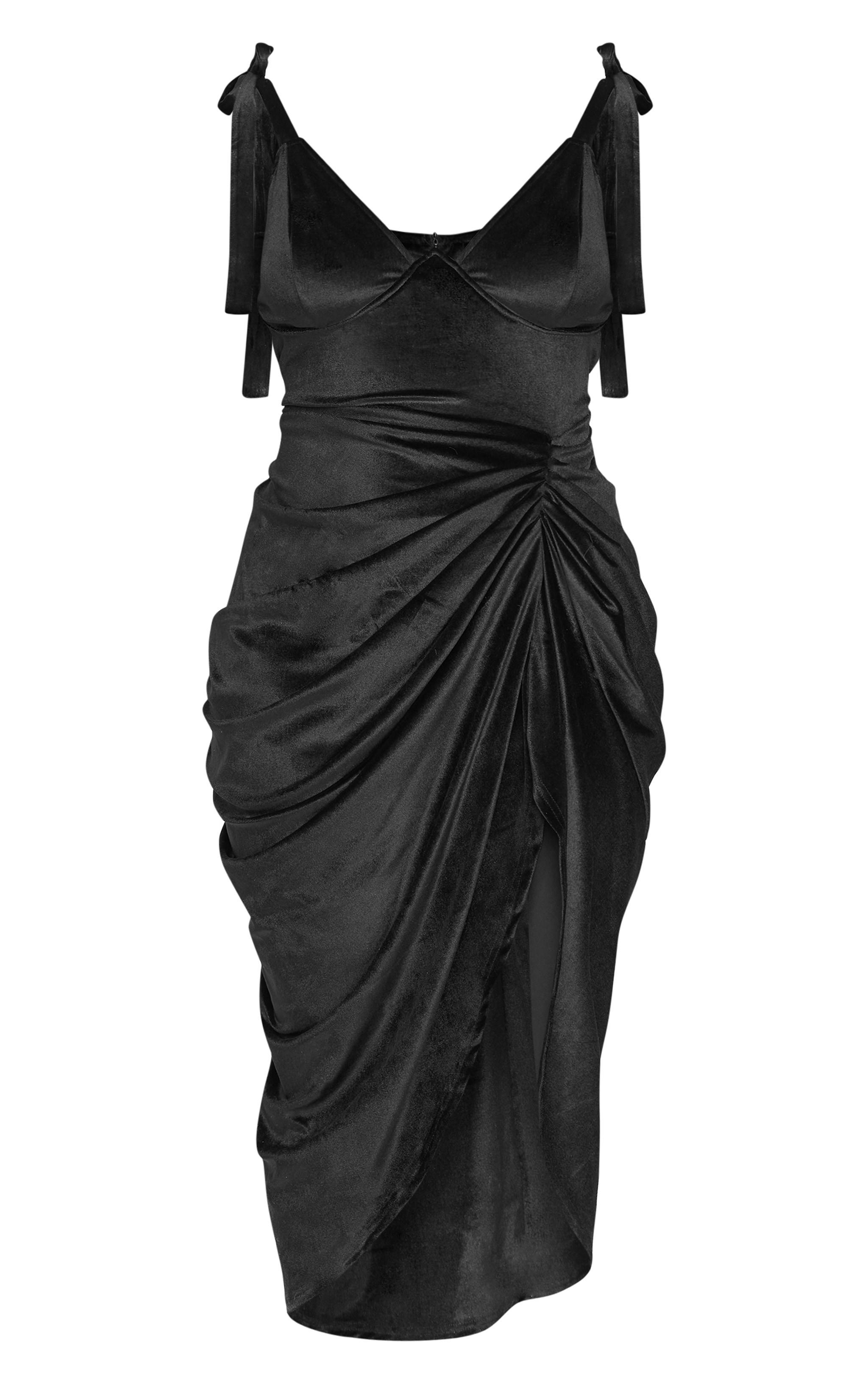 Plus Black Underwire Detail Velvet Draped Midi Dress Product Image