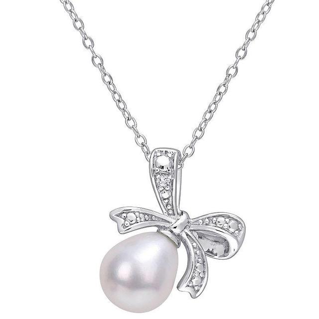 Stella Grace Sterling Silver Freshwater Cultured Pearl & Diamond Accent Bow Necklace, Womens Product Image