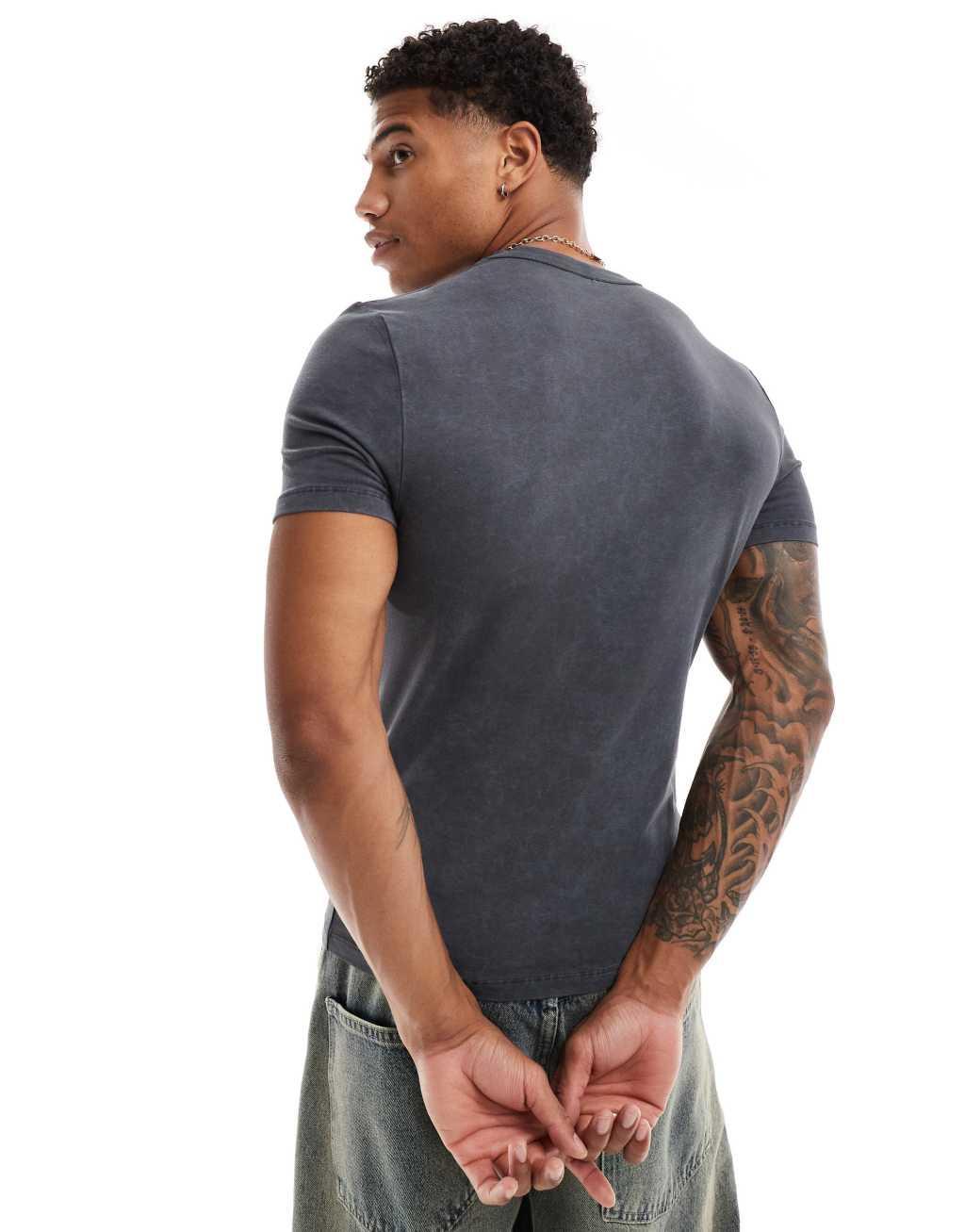 ASOS DESIGN muscle fit t-shirt in washed charcoal with gothic text front print Product Image