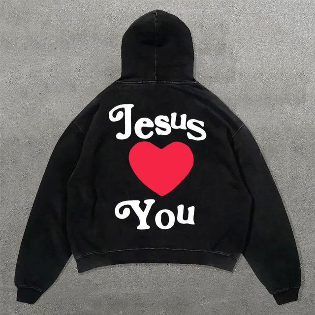 Jesus Loves You Graphic Acid Washed Oversized Hoodie Product Image