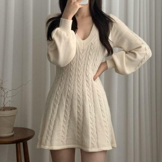 Long-Sleeve V-Neck Plain Cable Knit Mini A-Line Sweater Dress Product Image