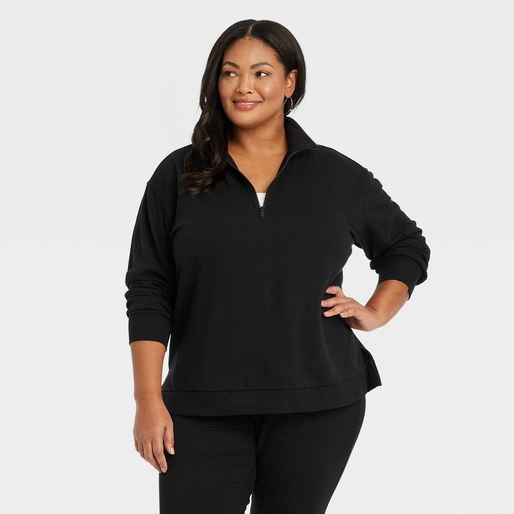 Womens Quarter Zip Pullover Sweatshirt - Ava & Viv Black 1X Product Image