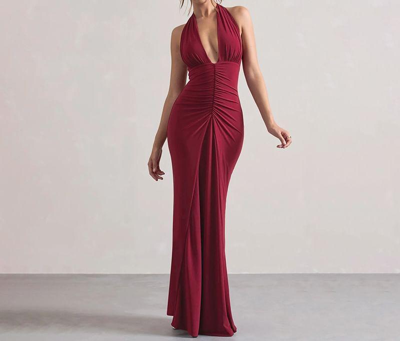 Halter Plain Ruched Maxi Sheath Dress Product Image