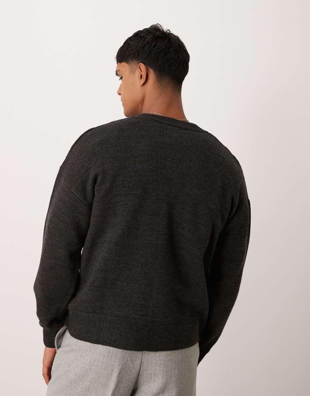 ASOS DESIGN relaxed boxy fit knitted crew neck cardigan in charcoal heather Product Image