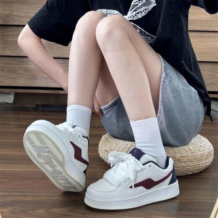 Platform Color Block Lace-Up Faux Leather Sneakers Product Image