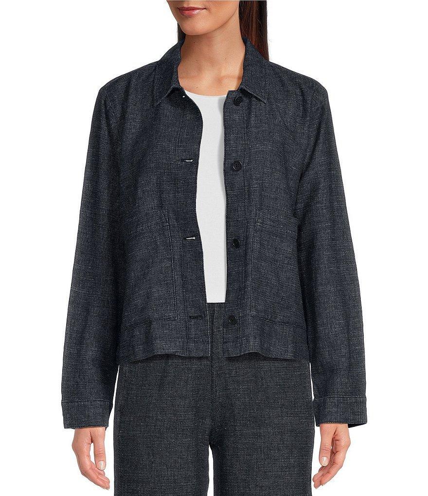 Eileen Fisher Tweedy Hemp Organic Cotton Point Collar Long Sleeve Pocketed Short Jacket Product Image