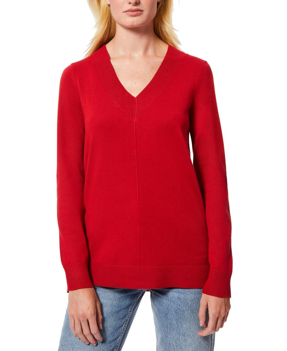 Melissa Paige Womens Ribbed Seamed Long-Sleeve High-Low-Hem V-Neck Sweater product image