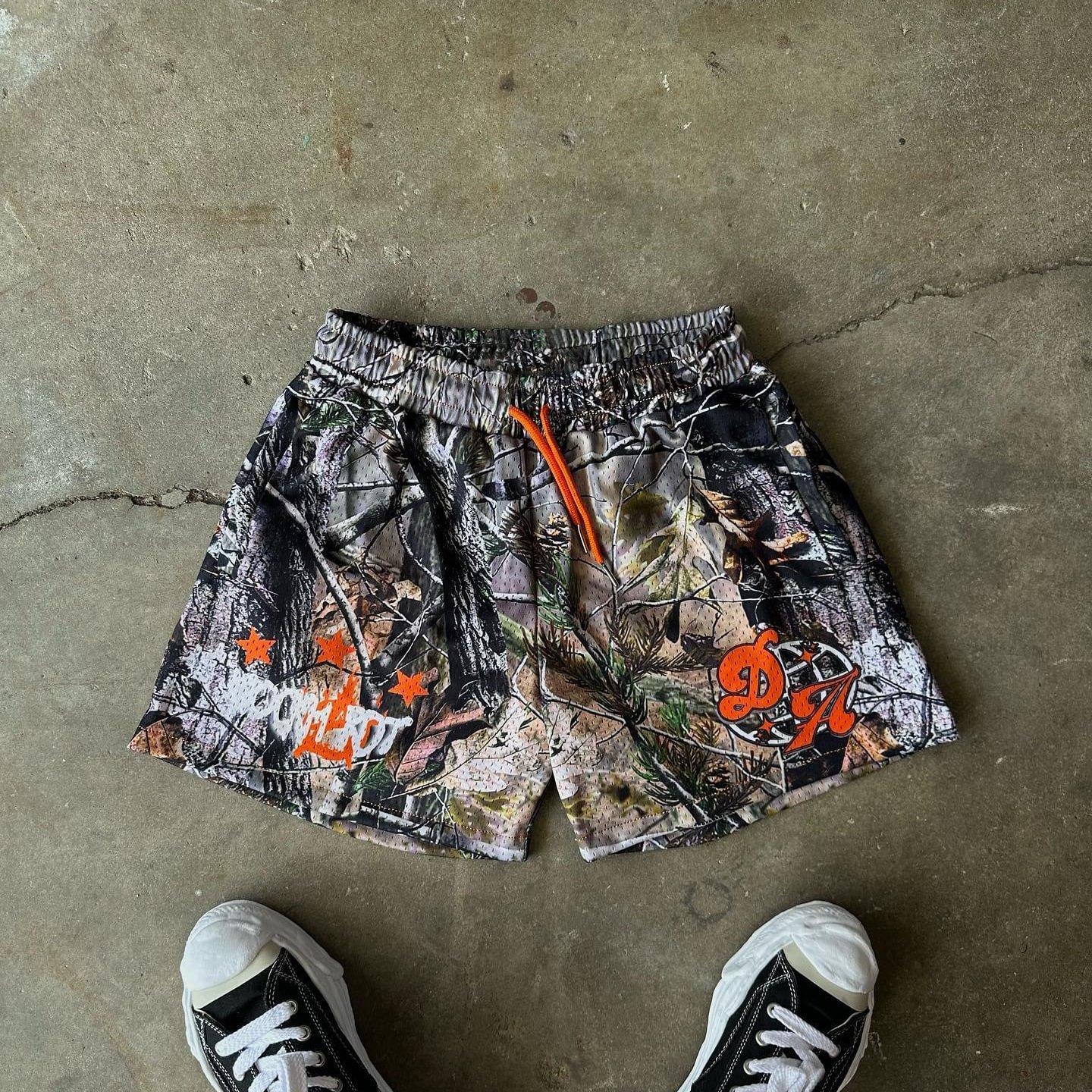 Vintage Stylish Jungle Letter Graphic Casual Street Mesh Shorts Product Image