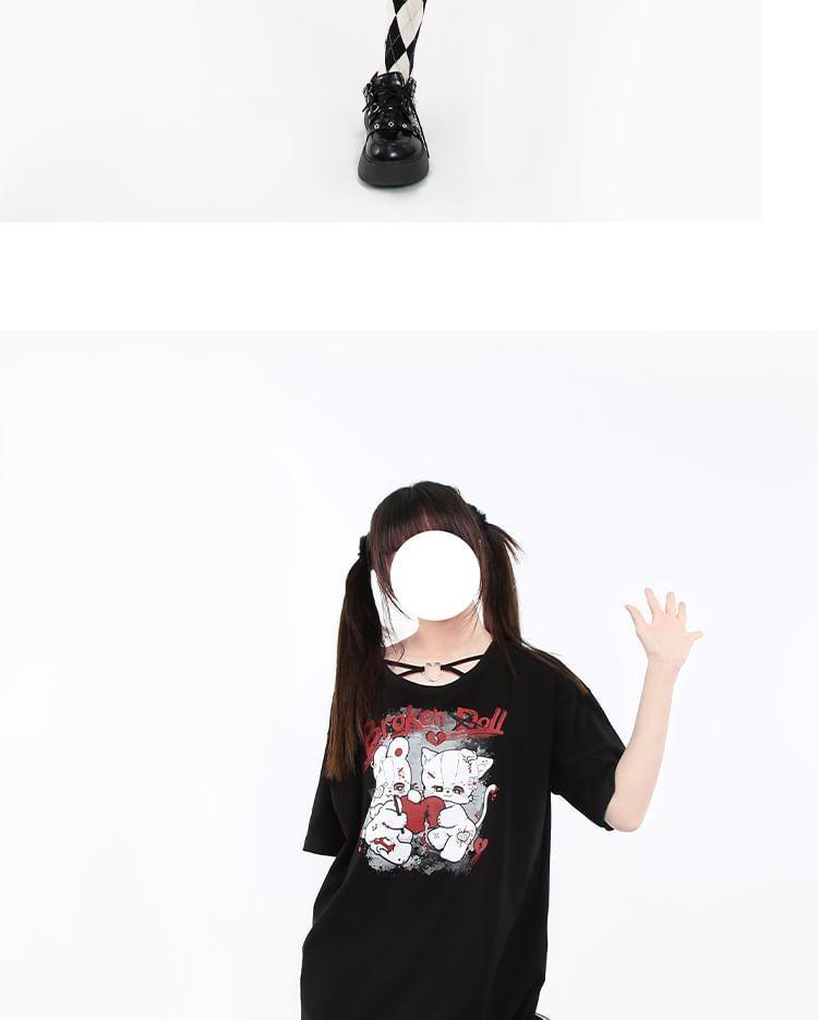 Elbow-Sleeve Round Neck Cartoon Print Oversized Tee Product Image