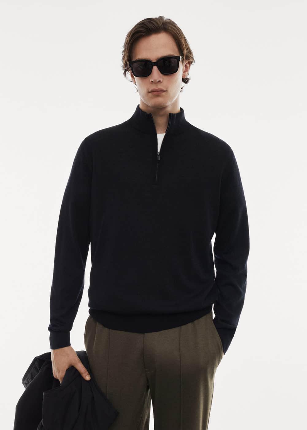 MANGO MAN - 100% merino wool sweater with zipper collar blackMen Product Image