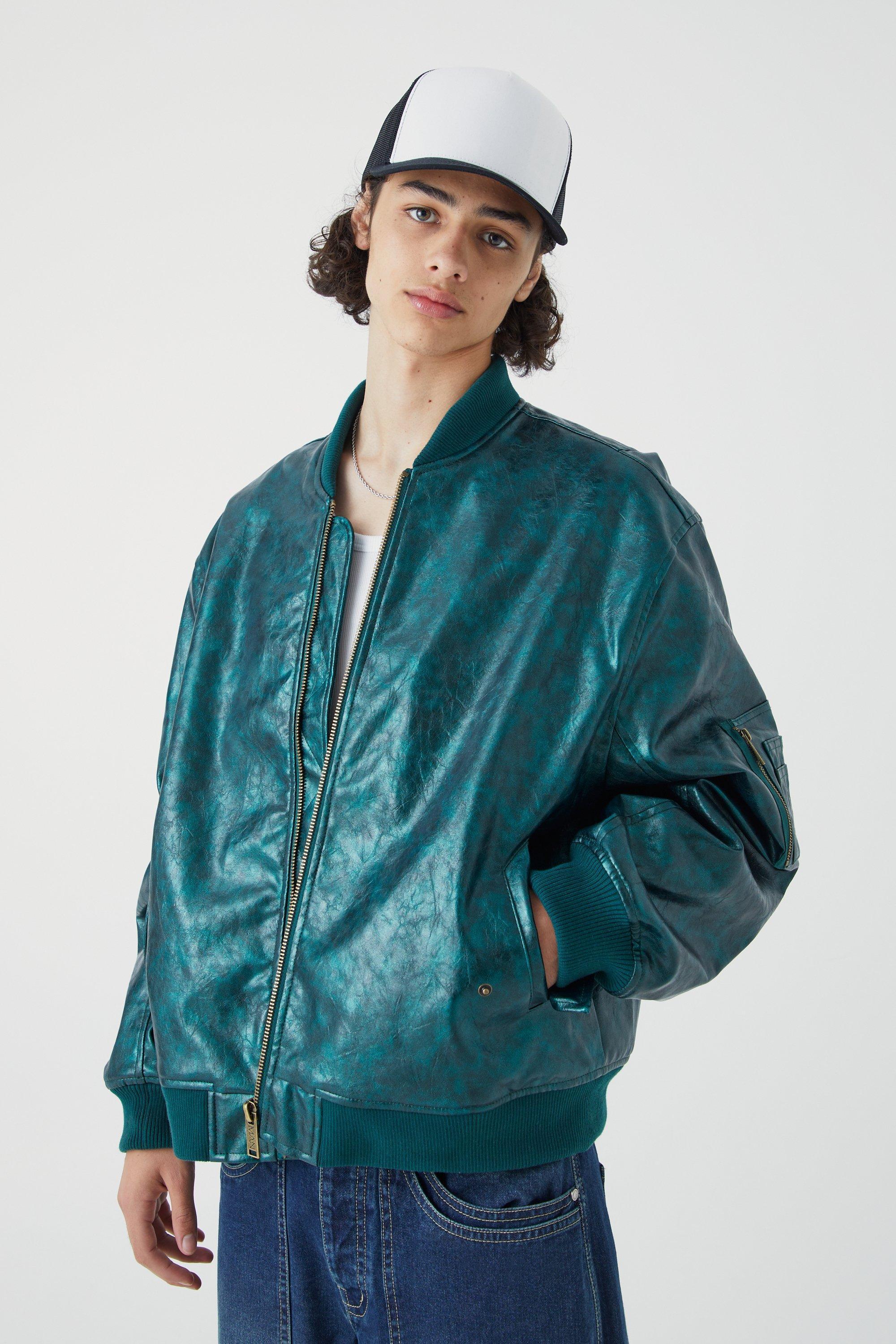 High Shine Pu Bomber With Embroidery | boohooMAN USA Product Image