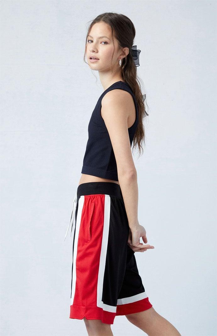 Women's Colorblock Longline Basketball Shorts in Red/Black - Product Image