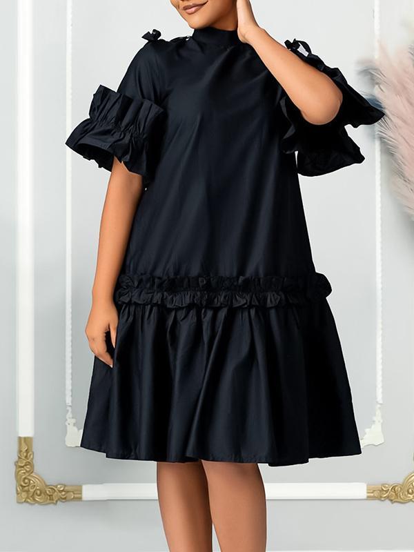 A-Line Half Sleeves Pleated Solid Color Split-Joint Zipper Mock Neck Midi Dresses product image