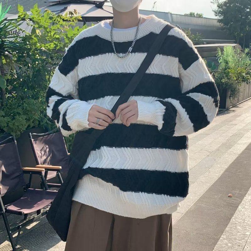 Crew Neck Striped Oversized Sweater Product Image