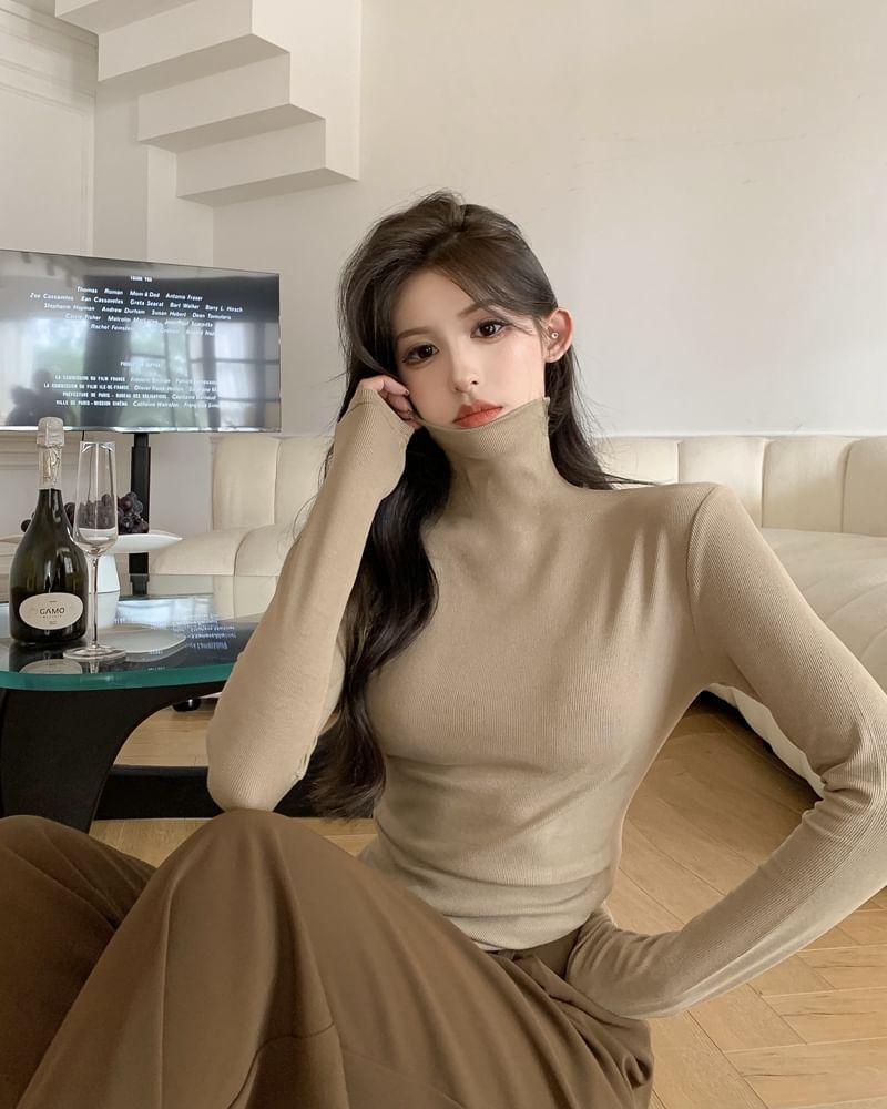 Long-Sleeve Turtleneck Plain Slim-Fit Top Product Image