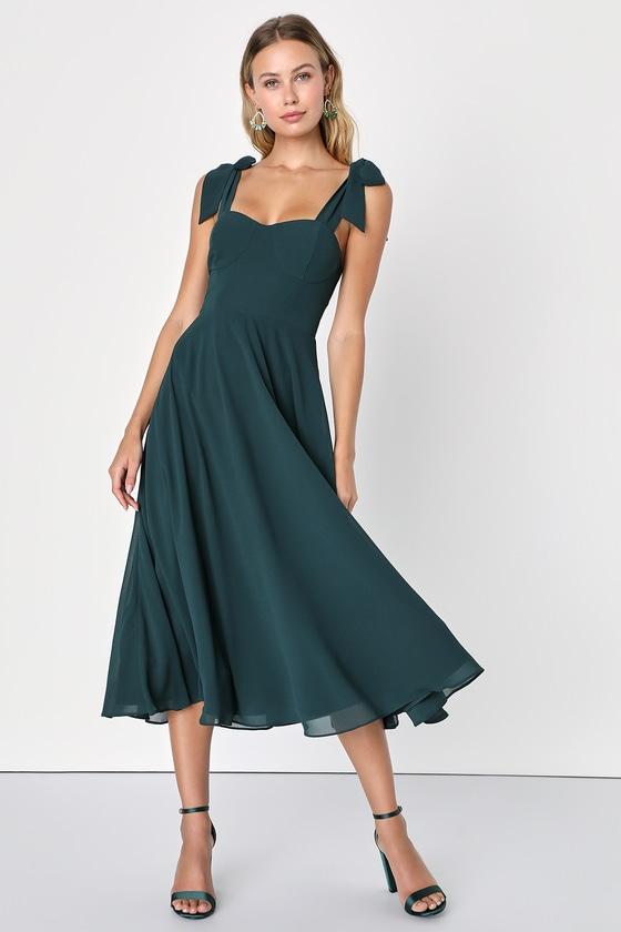 Sophisticated Charisma Dark Teal Tie-Strap A-Line Midi Dress Product Image