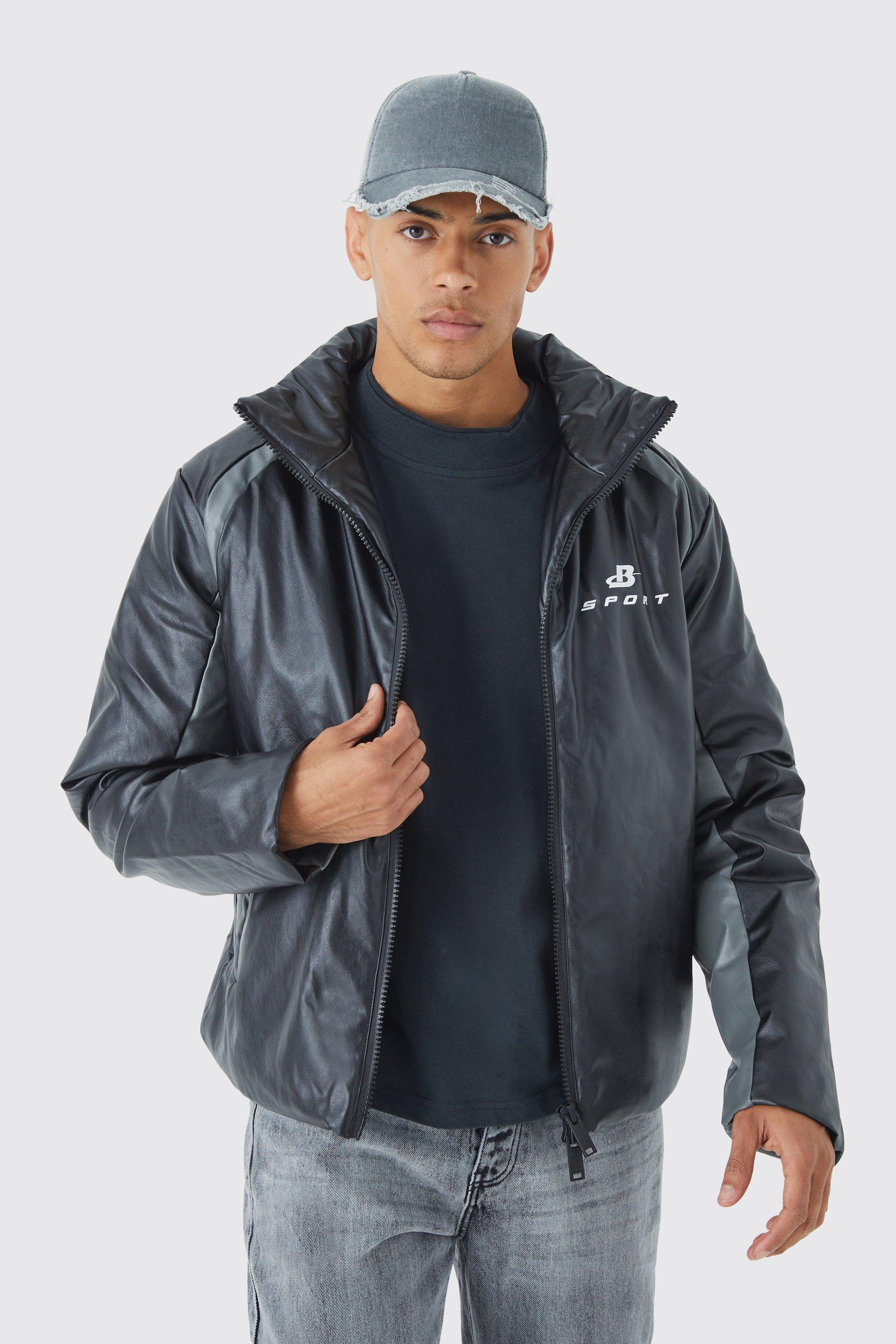 Mens Black Boxy Pu Moto Pannelled Puffer, Black Product Image