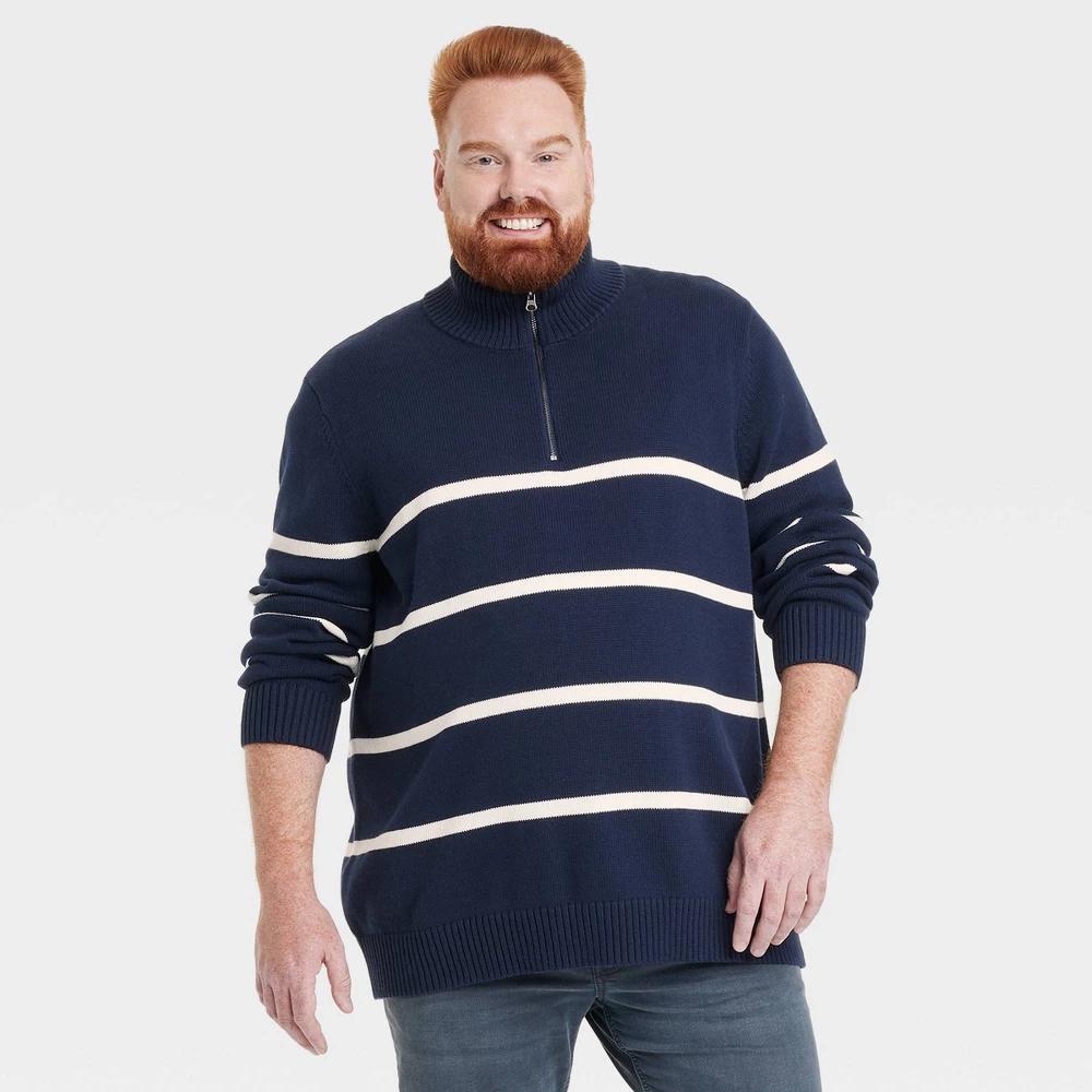 Mens Big & Tall Striped Turtleneck Quarter Zip Sweater - Goodfellow & Co Navy Blue 4XL Product Image