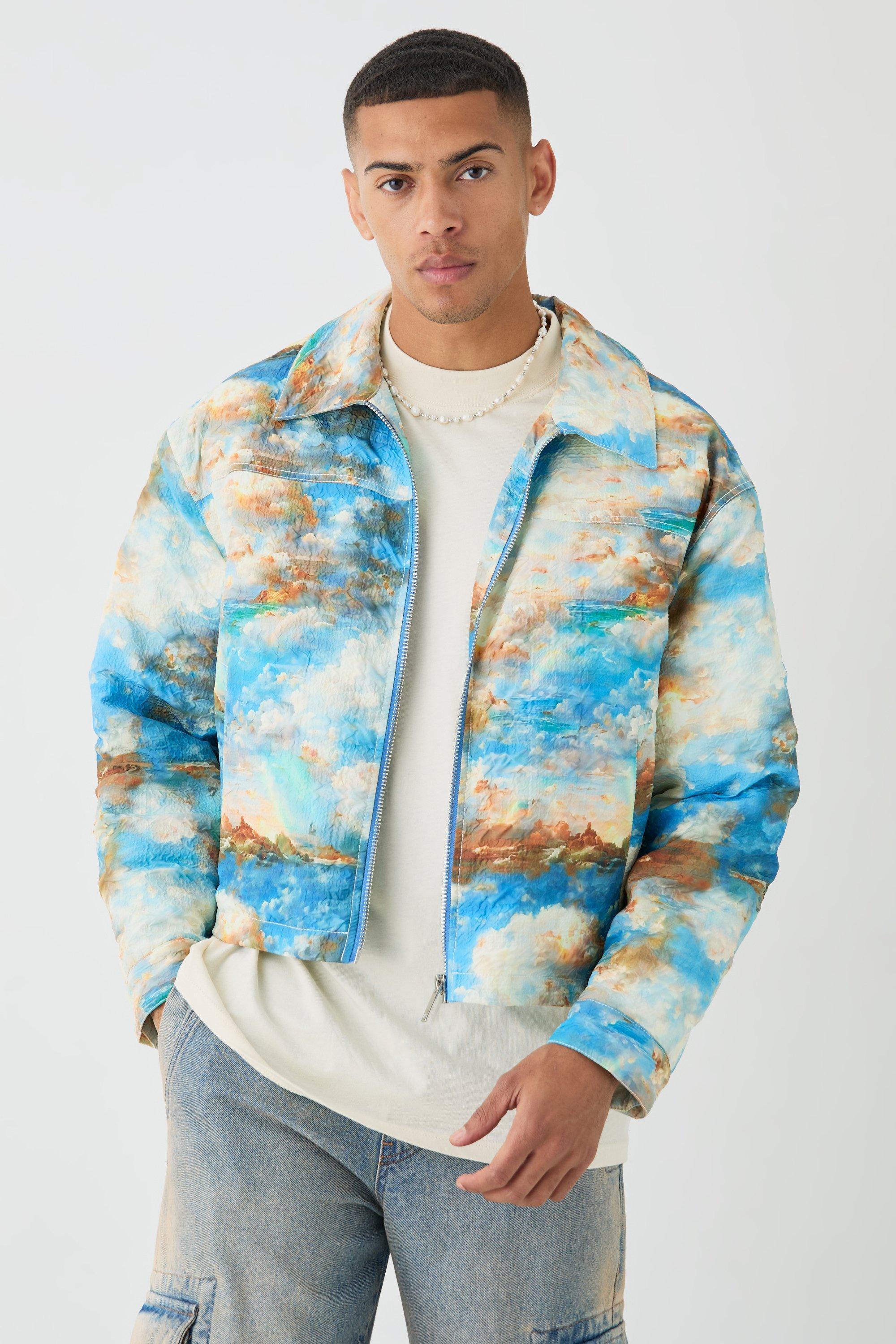 Boxy Abstract Print Harrington Jacket In Blue | boohooMAN USA Product Image