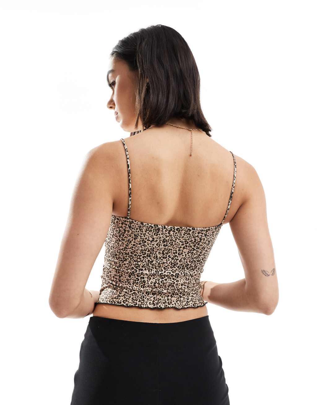 Bershka strappy straight neck cami top in leopard print Product Image