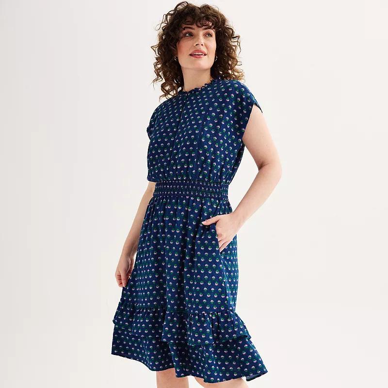 Womens Draper James Smocked Waist Ruffle Hem Dress Blue Scatter Floral product image