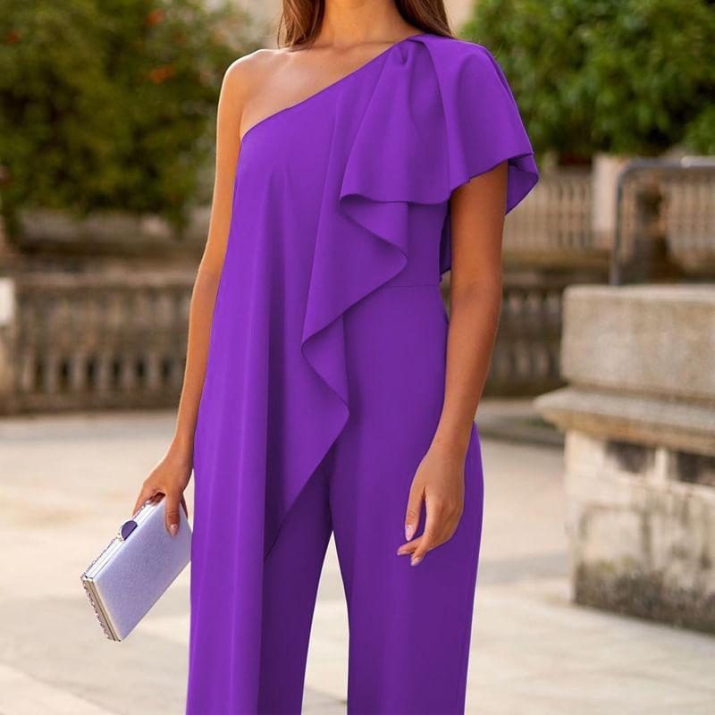 Short-Sleeve Asymmetrical Plain Wide Leg Jumpsuit Product Image