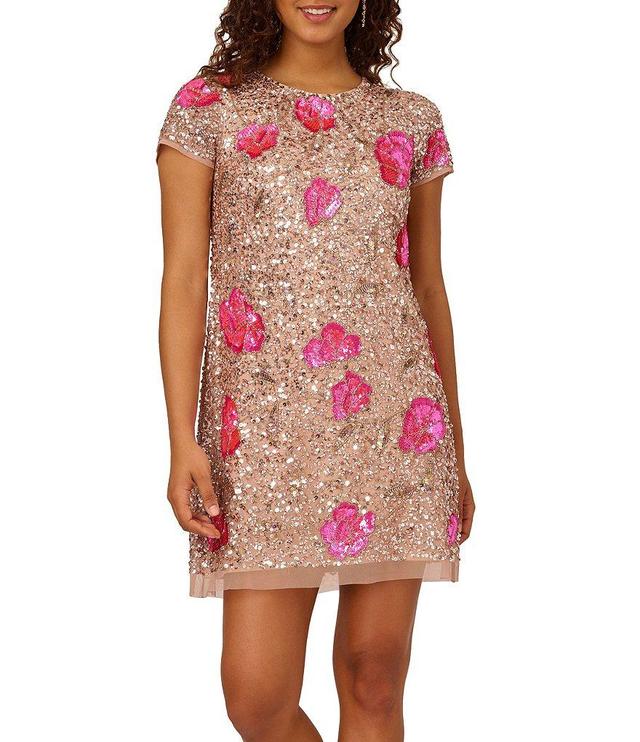 Adrianna Papell Floral Sequin Beaded Mesh Crew Neck Short Sleeve Mini Dress Product Image