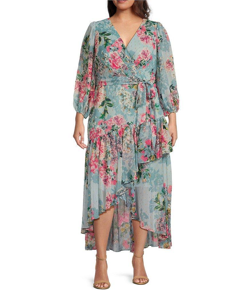 Eliza J Plus Size 3/4 Sleeve V-Neck Tie Waist High/Low Ruffle Hem Floral Chiffon Faux Wrap Dress Product Image