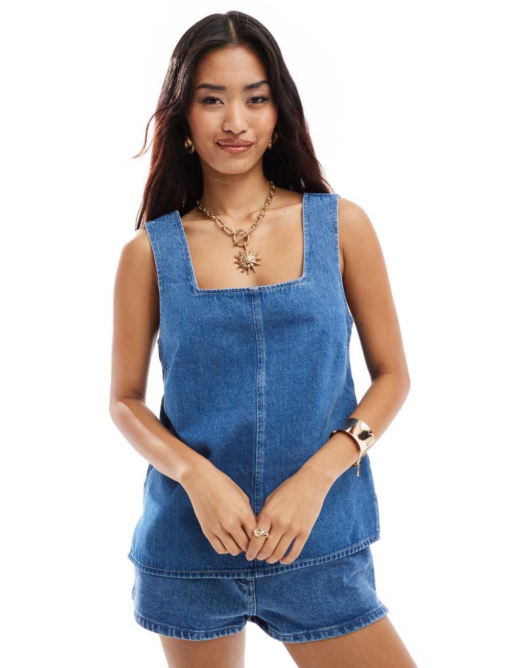 ASOS DESIGN denim long tank top in mid blue Product Image