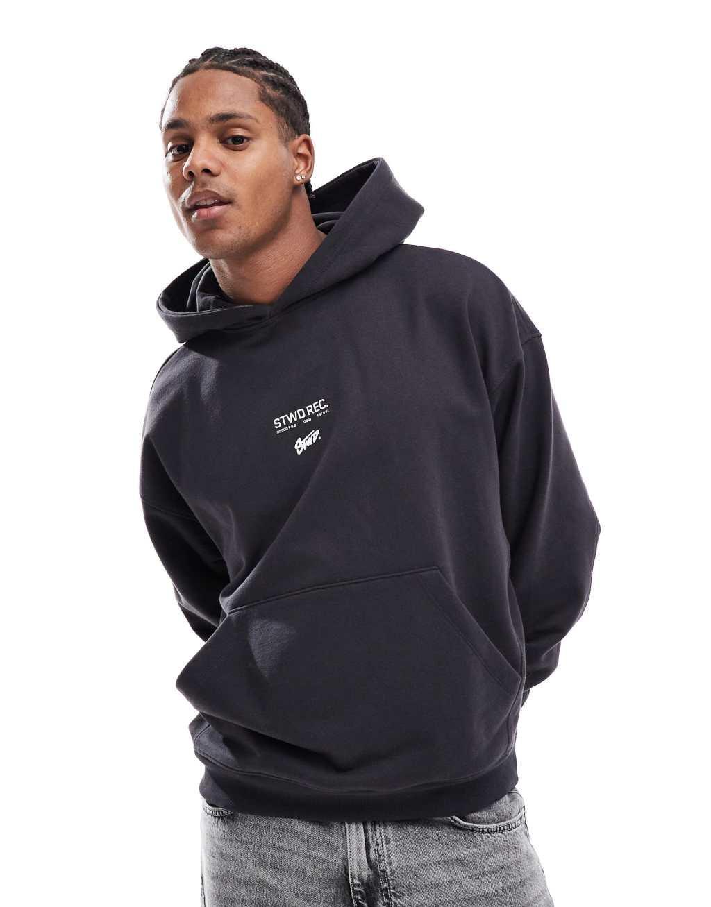 Pull&Bear oversized stwd records back printed hoodie in washed black  Product Image