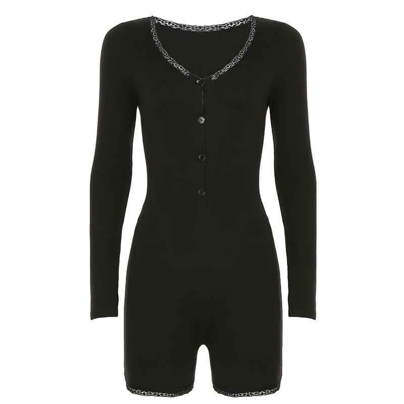 Long Sleeve V-Neck Lace-Trim Plain Bodysuit Top  Product Image